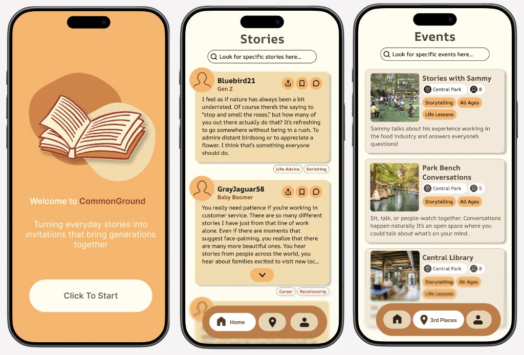 Three CommonGround phone screens: welcome with book illustration, Stories feed, Events list