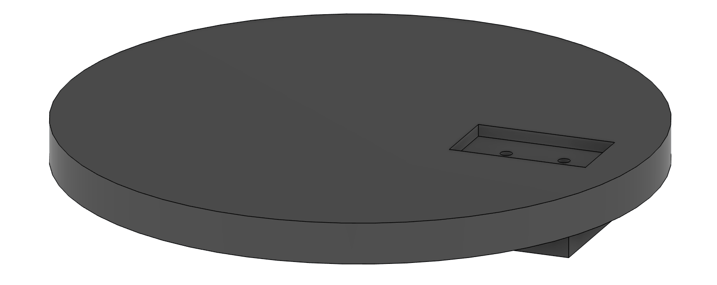Isometric CAD render of a circular dark base plate with a rectangular pocket and two small circular features for mounting